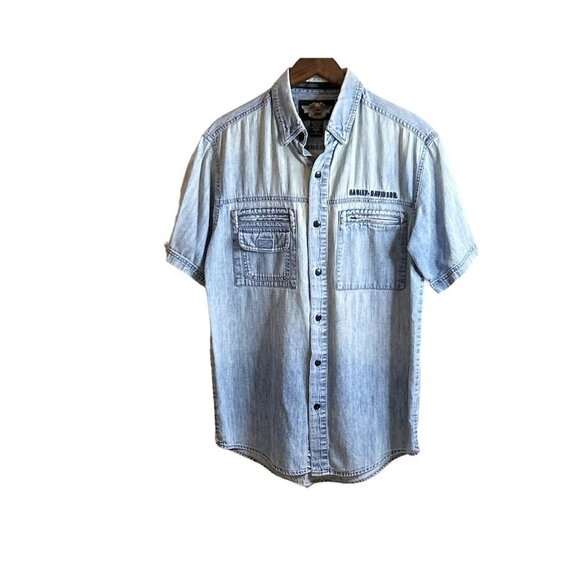 Harley Davidson Unisex Short Sleeve Denim Distressed Shirt Biker - Picture 6 of 8